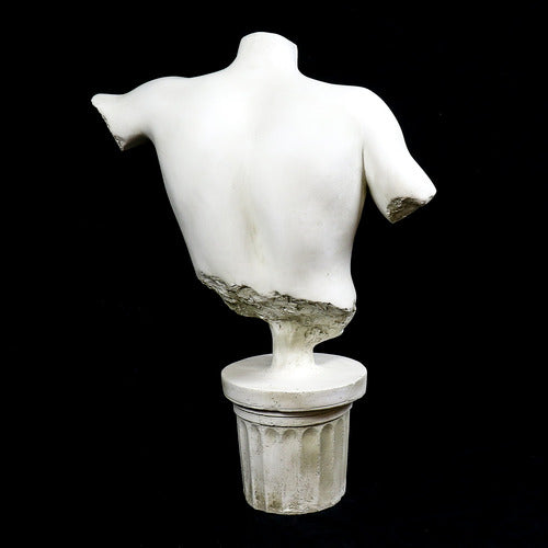 Classical Greek male torso sculpture with missing head and arms, displayed on an ornate fluted pedestal in old world European style. Different Angle