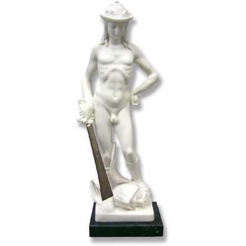 Classical Renaissance male statue with helmet and sword, standing in contrapposto on a pedestal with ornate detailing.