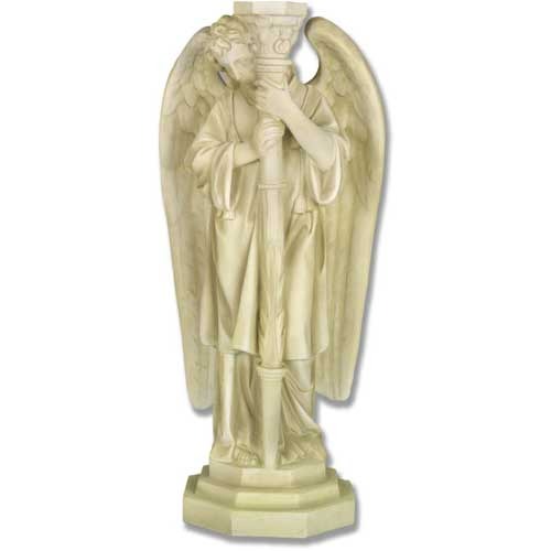 Angel statue holding a column, featuring classical old world European and ornate Renaissance details with flowing robes and detailed wings. Side View
