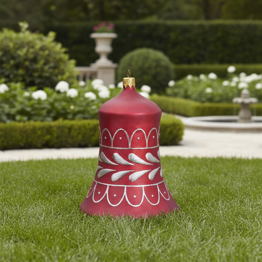 Ornate bell with classical old world European design, featuring Baroque-inspired silver patterns and scalloped detailing. Side Angle