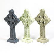 Celtic crosses with ornate, old world European patterns and intricate medieval knotwork in classical standing designs. Side View