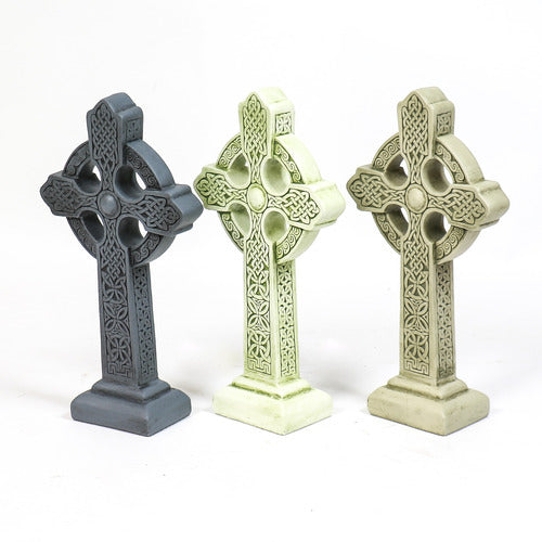 Celtic crosses with ornate, old world European patterns and intricate medieval knotwork in classical standing designs. Side View