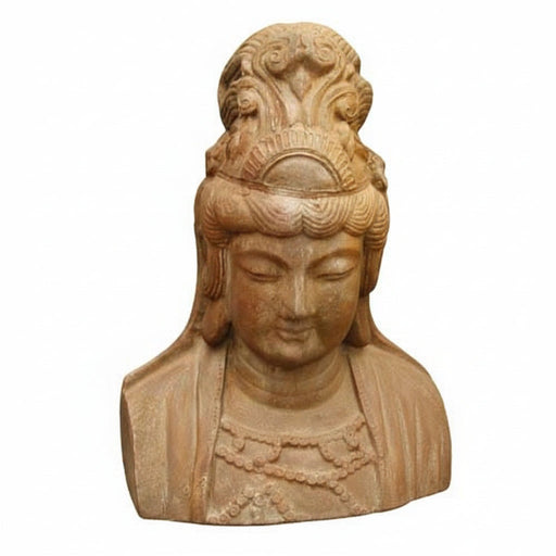 Bust of a serene figure with ornate headdress and classical detailing, featuring old world European and Renaissance-inspired design.