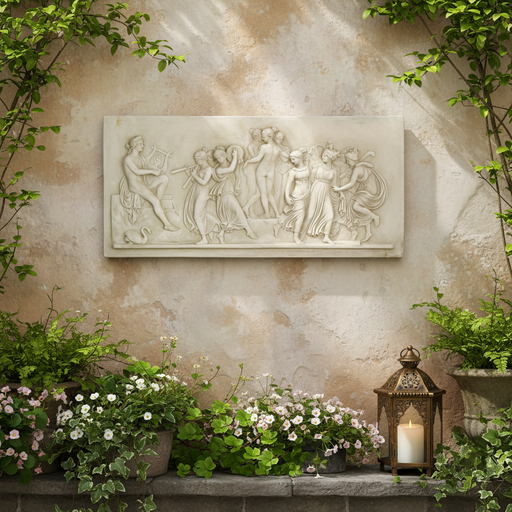 Classical Greek relief panel depicting musicians and dancing figures in flowing robes with ornate, old world European detailing. Side Angle