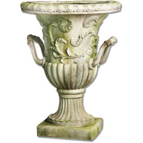 Ornate Baroque urn with classical scrollwork, acanthus leaf motifs, fluted base, and decorative handles on a square pedestal.