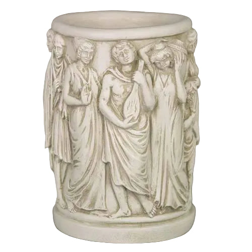 Classical Greek-style vase with ornate relief of draped figures in flowing robes, evoking Renaissance and old world European artistry.