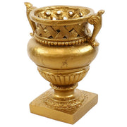 Ornate Baroque-style urn with intricate lattice rim, classical handles, and decorative pedestal base, evoking old world European elegance. Side Angle