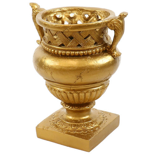 Ornate Baroque-style urn with intricate lattice rim, classical handles, and decorative pedestal base, evoking old world European elegance. Side Angle