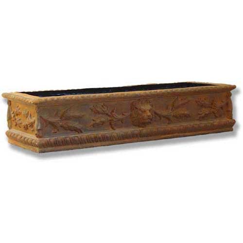 Rectangular planter box with ornate old world European relief, featuring classical floral and lion head motifs in Baroque style.