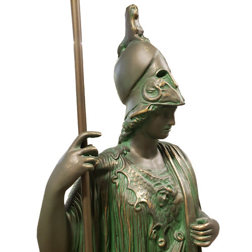 Classical Greek warrior goddess statue in ornate armor and helmet, holding a spear, featuring detailed drapery and intricate embellishments. Additional Angle
