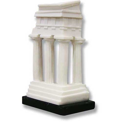 Greek temple miniature with fluted columns, classical pediment, and stepped base in old world European architectural style.