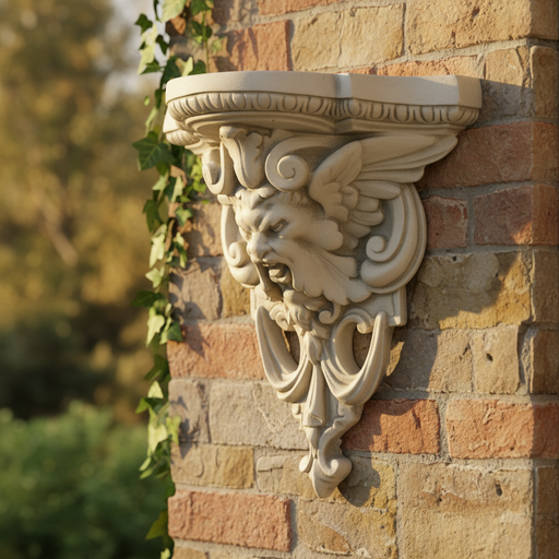 Ornate wall shelf with classical Baroque detailing, featuring a sculpted lion face, scrollwork, and winged accents in old world European style. Side Angle