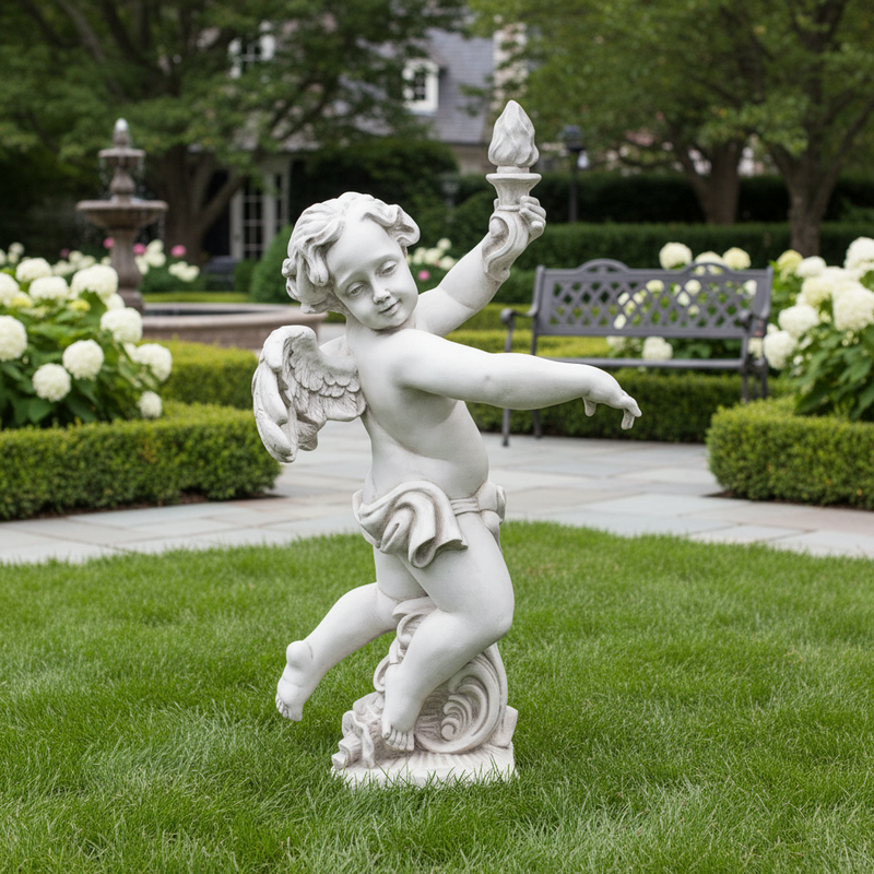 Baroque cherub statue with ornate wings and flowing drapery, holding a torch in a classical old world European style pose. Different Angle