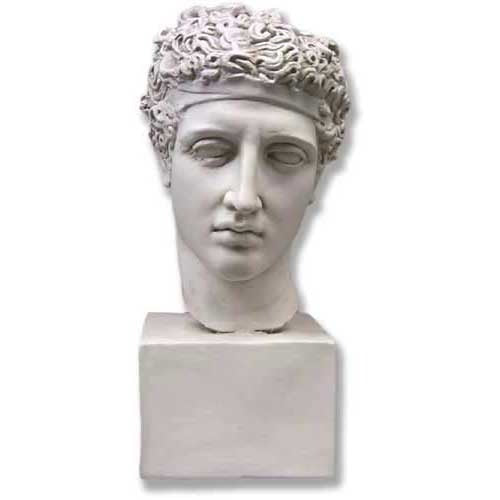 Classical Greek-style male bust with detailed curly hair and serene expression, displayed on a square pedestal base.