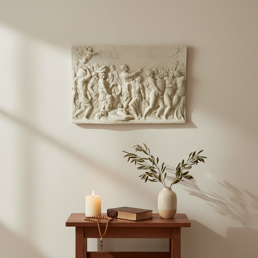 Classical bas-relief wall panel depicting a lively Renaissance scene with figures in flowing robes, ornate details, and mythological motifs. Side Angle