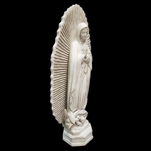 Virgin Mary statue in classical old world European style, ornate halo backdrop, hands in prayer, flowing robes, Renaissance influence Additional Angle
