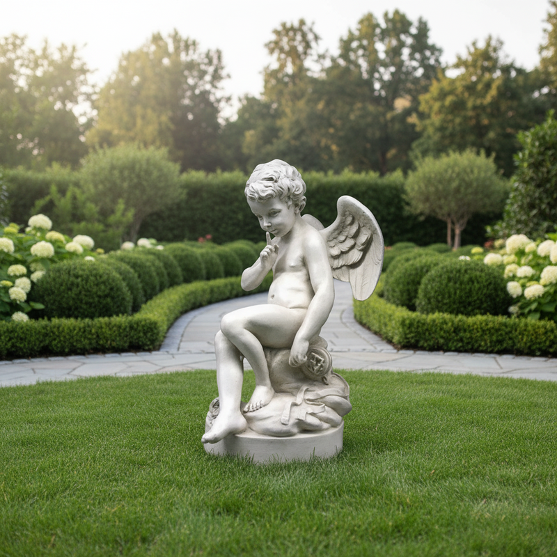 Sitting winged cherub with a finger to its lips in a "shushing" pose on a cloud-like base. Outdoor Statue (37-Inch)