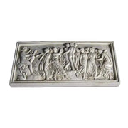 Classical Greek-style relief plaque featuring dancing figures and musicians in an ornate, old world European composition. Side View