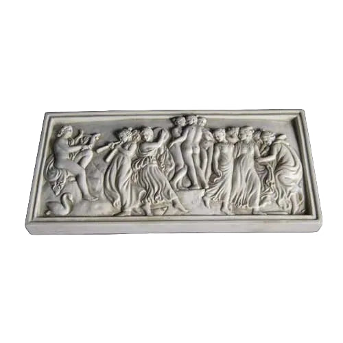 Classical Greek-style relief plaque featuring dancing figures and musicians in an ornate, old world European composition. Side View