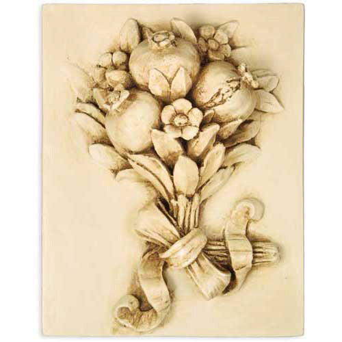 Ornate old world European relief plaque featuring a classical fruit and floral bouquet tied with a ribbon in Baroque style.