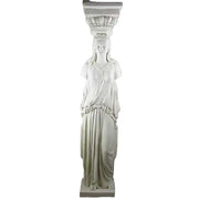 Caryatid column with classical Greek draped female figure and ornate capital in old world European architectural style. Side View