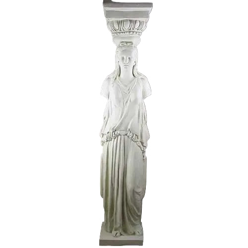 Caryatid column with classical Greek draped female figure and ornate capital in old world European architectural style. Side View