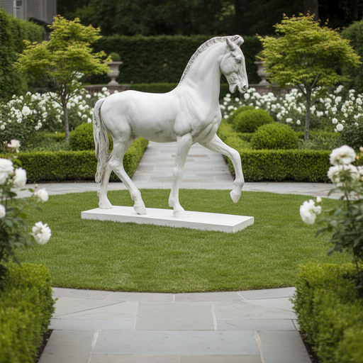 Classical European horse statue with ornate detailing, Renaissance-inspired pose, and elegant, lifelike musculature on a rectangular base. Side Angle