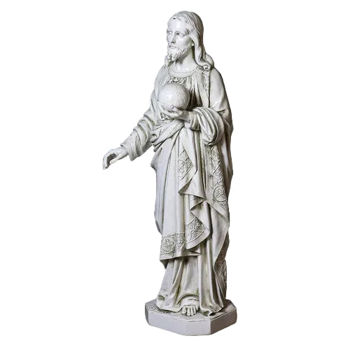 Jesus statue in classical Renaissance style, featuring ornate drapery and detailed facial features, holding a globe in one hand. Side View