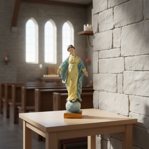 Madonna statue in classical Renaissance style with flowing robes, ornate floral details, and serene expression standing on a globe. Side Angle