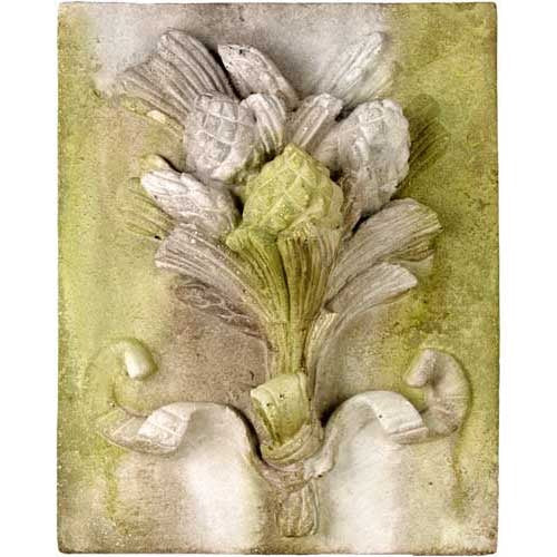 Ornate old world European wall plaque featuring a classical acanthus leaf and artichoke motif in a Baroque relief style.