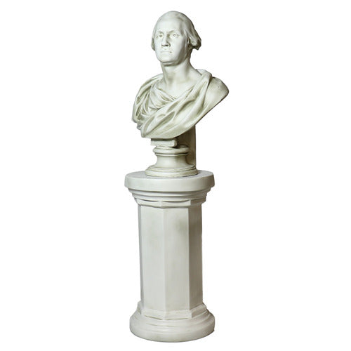 Classical bust of a man in draped attire on an ornate pedestal, featuring old world European and neoclassical sculptural details. Side View