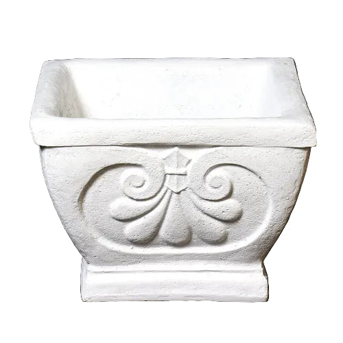 Square planter with ornate Baroque scrollwork and classical old world European detailing on a pedestal base. Side View
