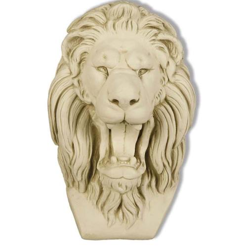 Lion head sculpture with flowing mane, open mouth, and classical old world European ornate detailing in a Baroque architectural style.