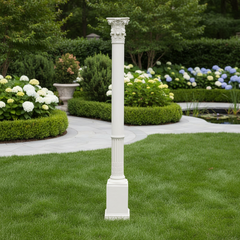 Corinthian column with ornate acanthus leaf capital, fluted shaft, and classical old world European architectural detailing Side Angle