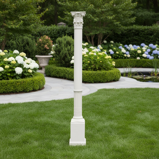 Corinthian column with ornate acanthus leaf capital, fluted shaft, and classical old world European architectural detailing Side Angle