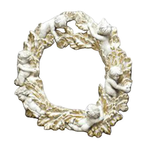 Ornate Baroque-style wreath adorned with classical cherubs and intricate leaf detailing in an old world European design.