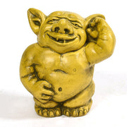 Whimsical old world European troll figurine with exaggerated features, rounded belly, and playful expression in a classical style. Side View