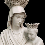 Madonna and Child statue in classical Renaissance style with ornate crowns and flowing drapery, evoking old world European elegance. Side Angle View