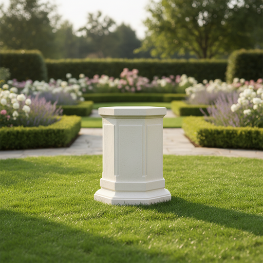 Classical pedestal with octagonal base and paneled sides, featuring clean lines and old world European architectural style. Side Angle