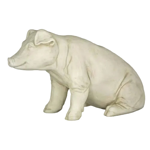 Seated pig statue with classical old world European style, featuring gentle curves and subtle, ornate detailing.