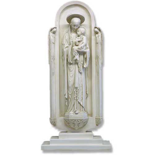 Madonna and Child statue in an ornate, old world European niche with classical and Gothic architectural detailing.