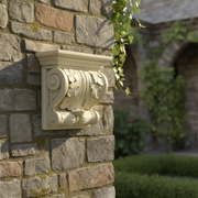 Ornate classical corbel with acanthus leaf carvings in an old world European architectural style. Side Angle