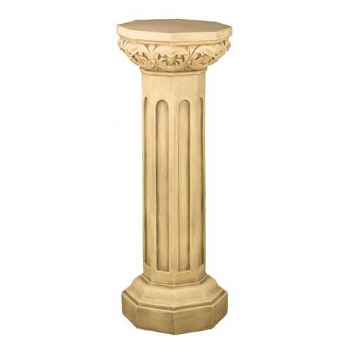 Ornate classical pedestal with fluted column, octagonal base, and intricate old world European acanthus leaf detailing on the capital.