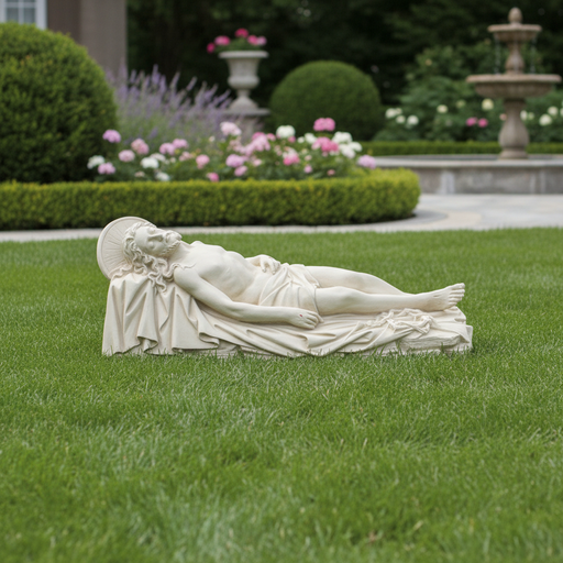 Reclining Christ sculpture in classical Renaissance style, featuring ornate drapery and serene facial expression. Side Angle