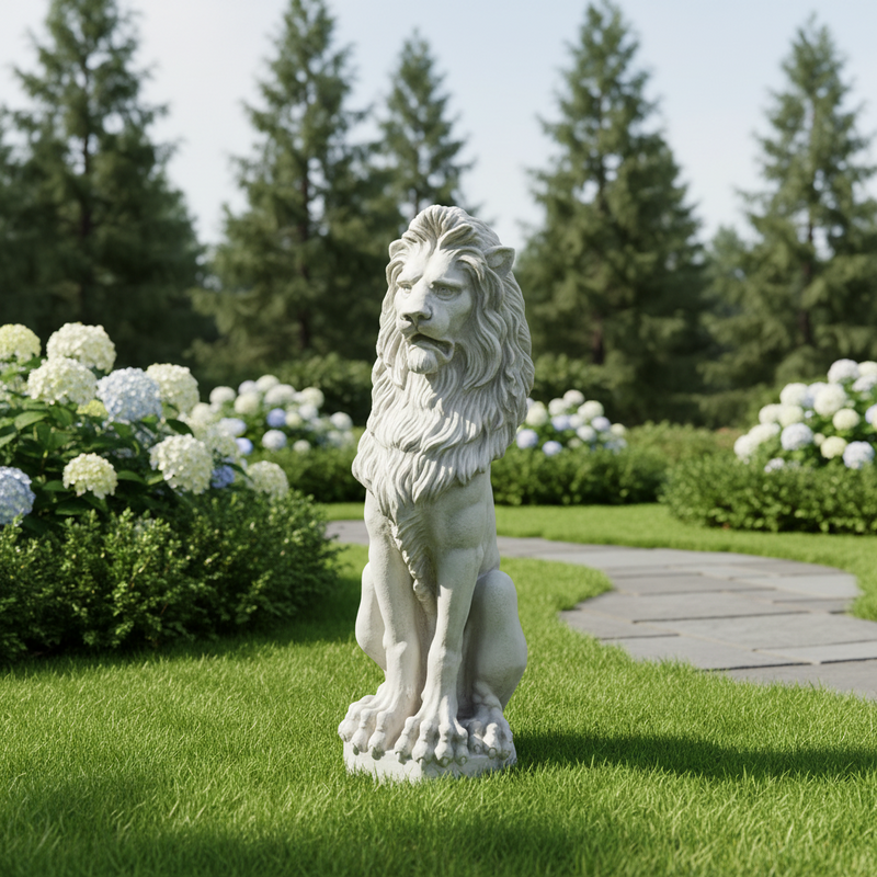 Regal lion statue with detailed mane and paws, featuring classical old world European and Renaissance-inspired ornate design. Side Angle