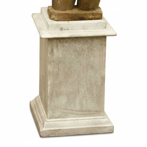 Classical pedestal base with stepped molding and weathered finish, evoking old world European and Renaissance architectural style.