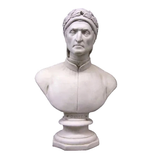 Classical Renaissance bust of a solemn male figure with laurel wreath, detailed facial features, and ornate pedestal base.