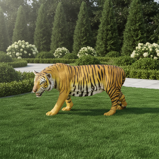 Tiger figurine with detailed stripes and lifelike features, styled in a classical old world European naturalist tradition. Side Angle