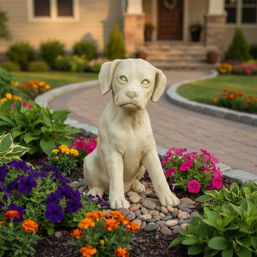 Sitting dog statue with classical old world European style, featuring detailed fur texture and lifelike, expressive features. Side Angle