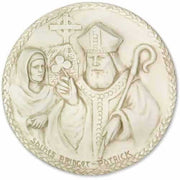 Saints Brigid and Patrick in classical relief, ornate old world European style with intricate border and religious symbols.